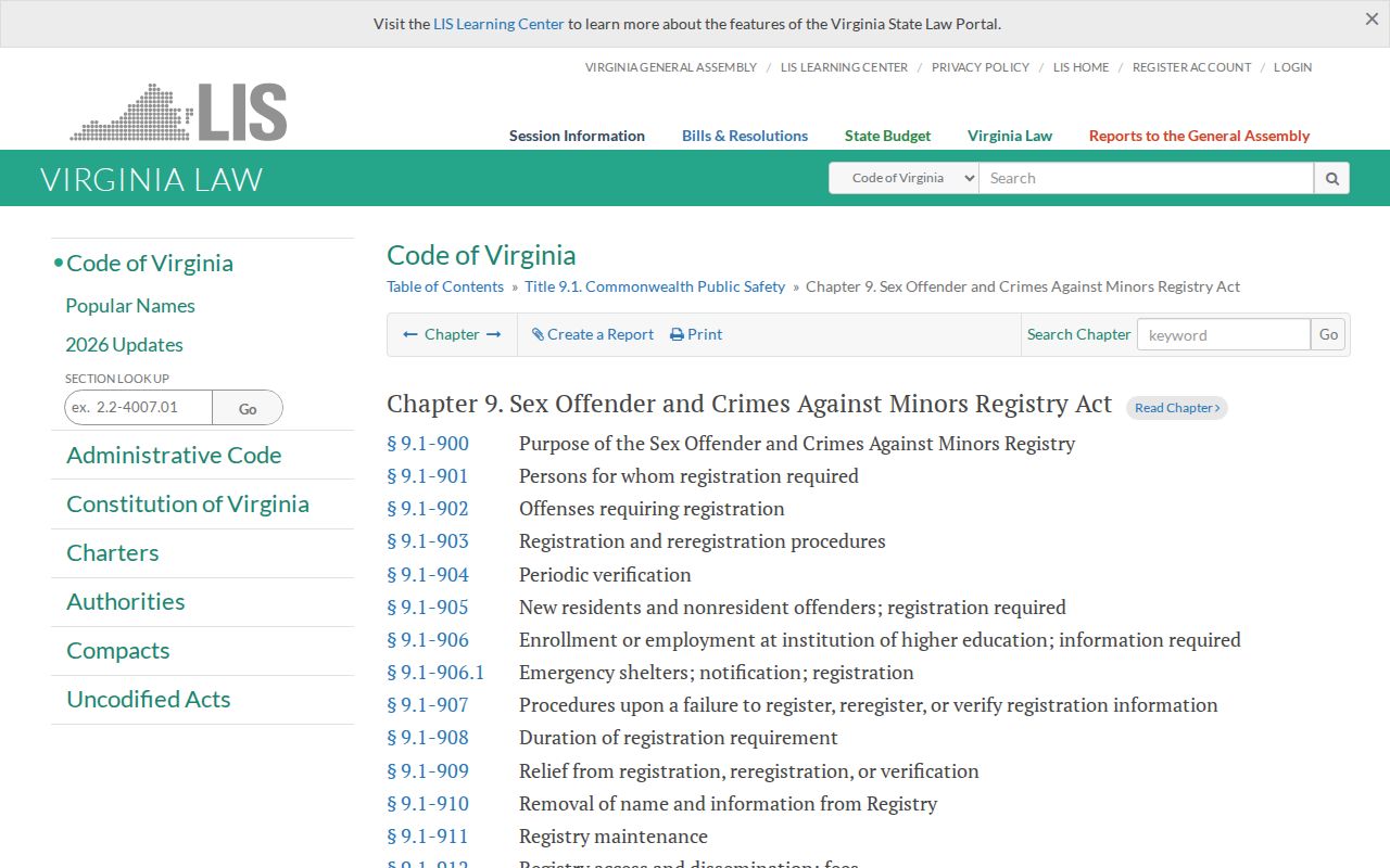 Virginia registry law for Giles County sex offender records